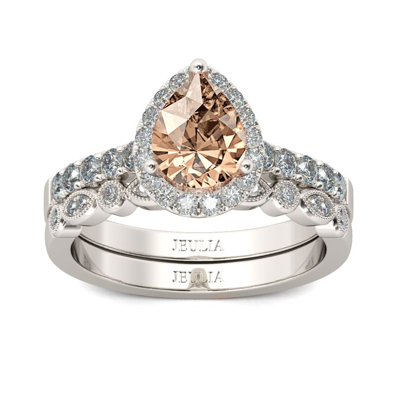 Halo Pear Cut Champagne Wedding Ring Set Sterling Silver Milgrain Bridal Set