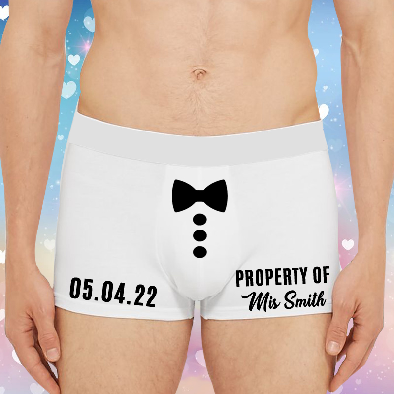 Personalized Name And Date Men's Underwear Boxer Briefs With White Bow Pattern Best Gift for Him