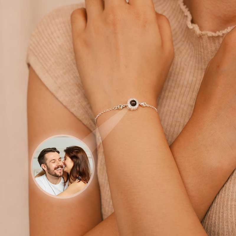 Personalized Projection Photo Bracelet Round Pendant With Diamonds And Birthstone Christmas Gift