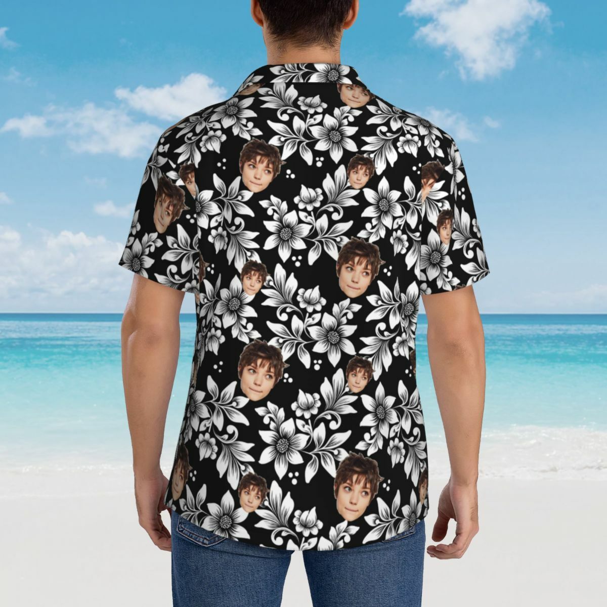Custom Hawaiian Shirt Black Top White Floral Add Face Photo for Men