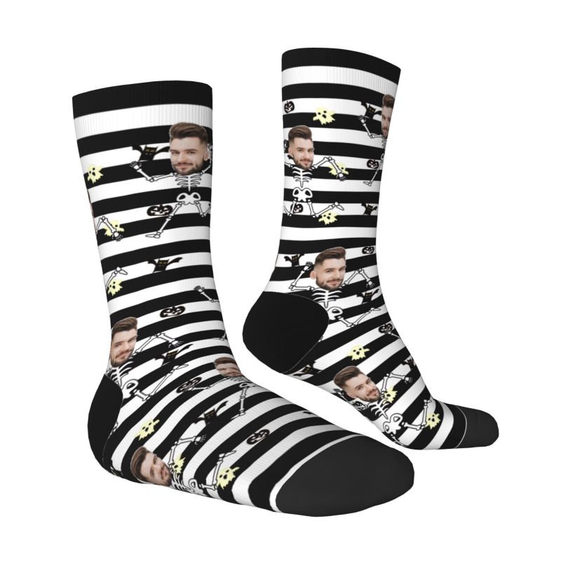 Customized Face Socks Black and White Striped Socks Spoof Skull Halloween Gift for Friends
