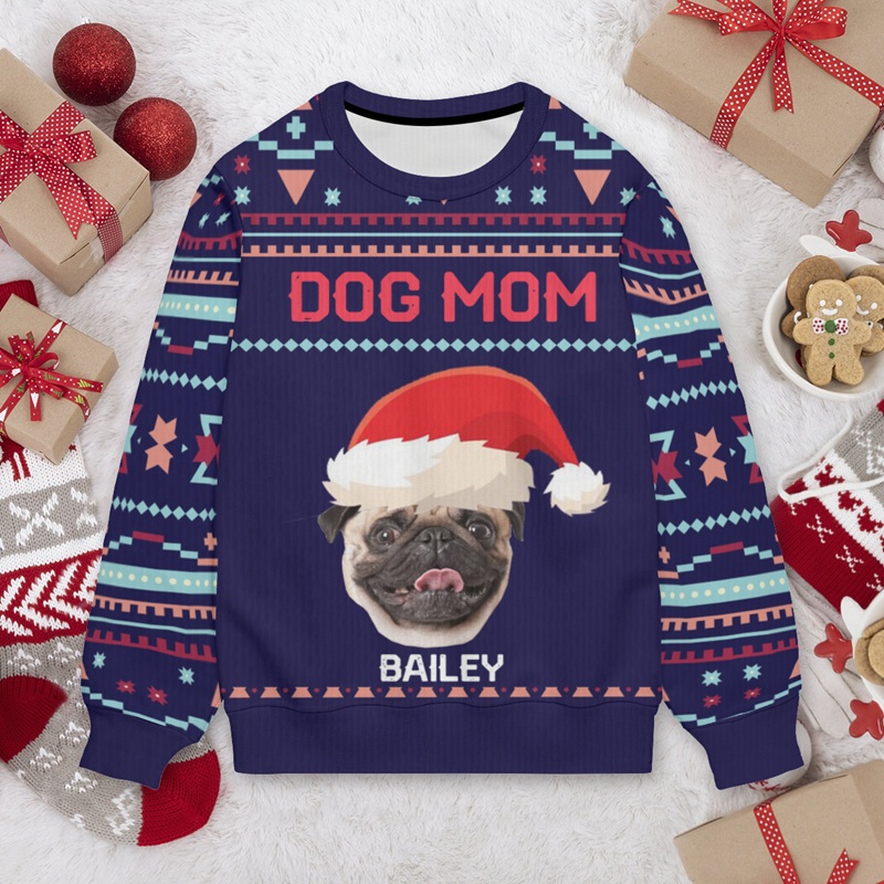 Personlig ful tröja unisex anpassad husdjurshuvudfoto blå stil design julklapp för husdjursälskare