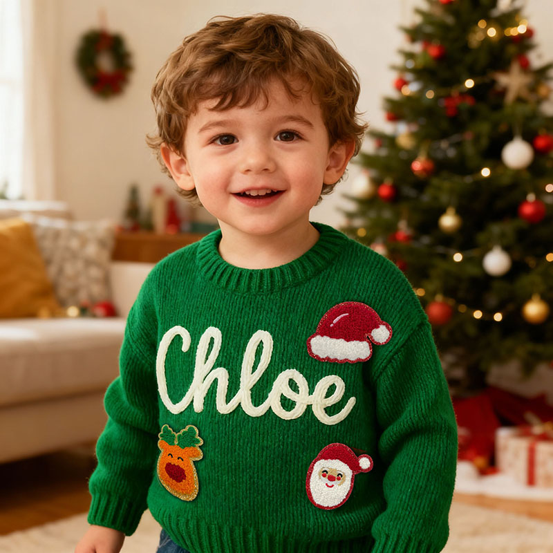 Personalized Handmade Name Sweater with Elk Pattern Cute Christmas Gift