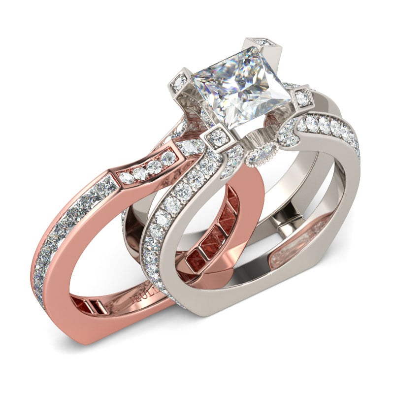 Interchangeable Two Tone Princess Cut Wedding Ring Set in Sterling Silver & Rose Gold