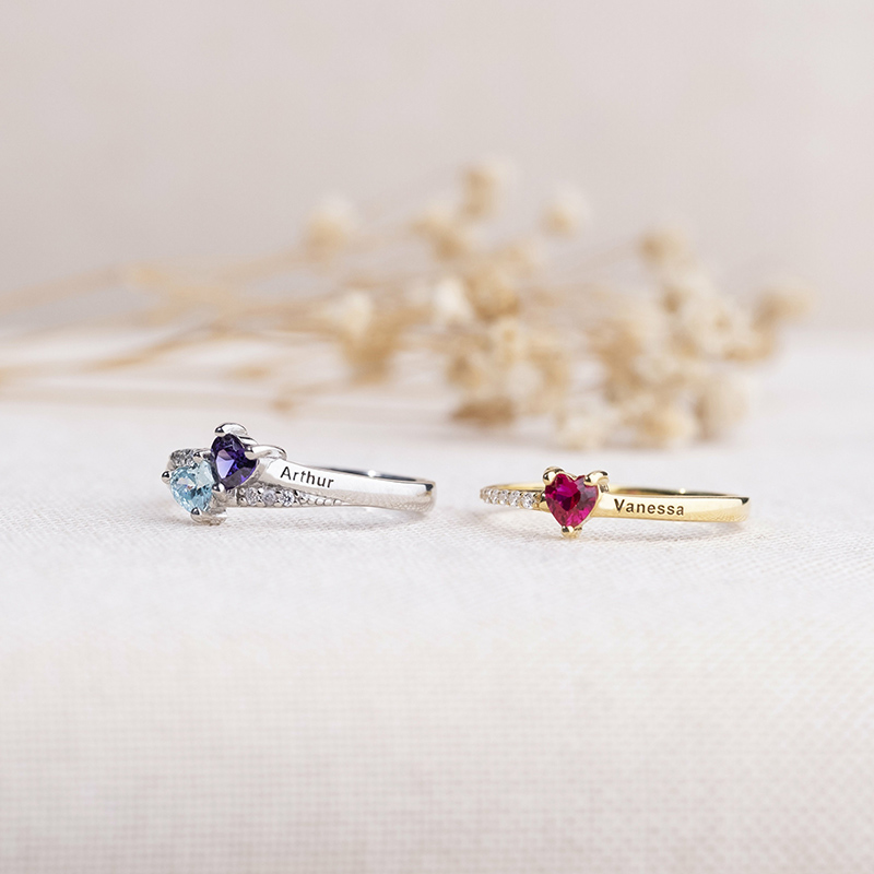 Personalized Name Ring with Custom Birthstone Heart Shaped Design Beautiful Gift for Birthday