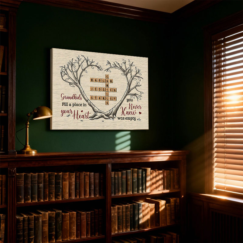 Personlig väggdekoration i canvas med namn och korsord samt träd Bästa presenten till mor- och farföräldrar