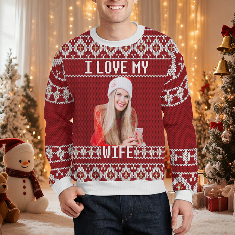 Personalized Ugly Sweater Unisex I Love My Wife Custom Photo Festive Design Christmas Gift for Loved One