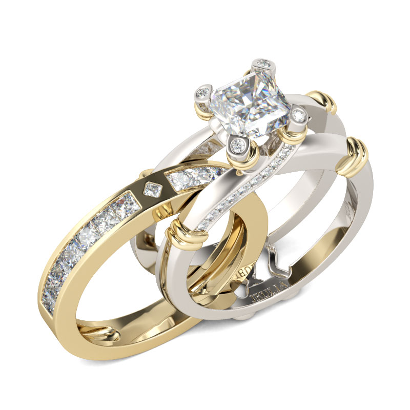Jeulia Two Tone Princess Cut Sterling Silver Ring Set