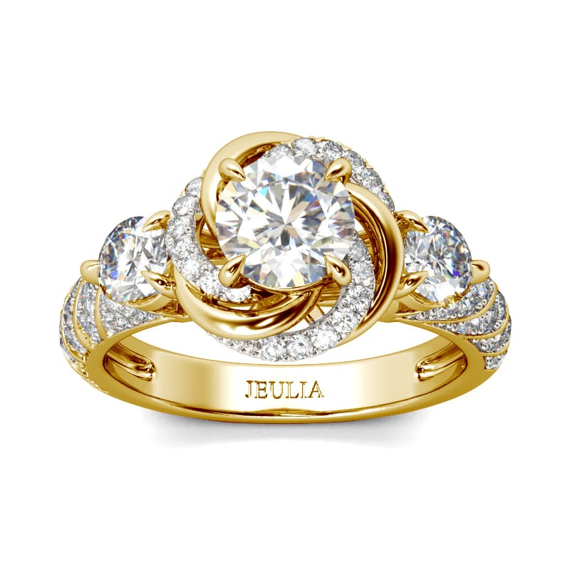 Yellow Gold Tone Halo Round Cut Engagement Rings Floral Design