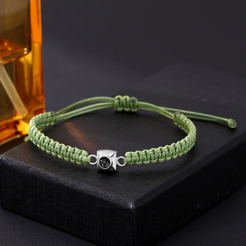 Personalized Projection Photo Bracelet Green Braided Cord Square Pendant Gift For Her