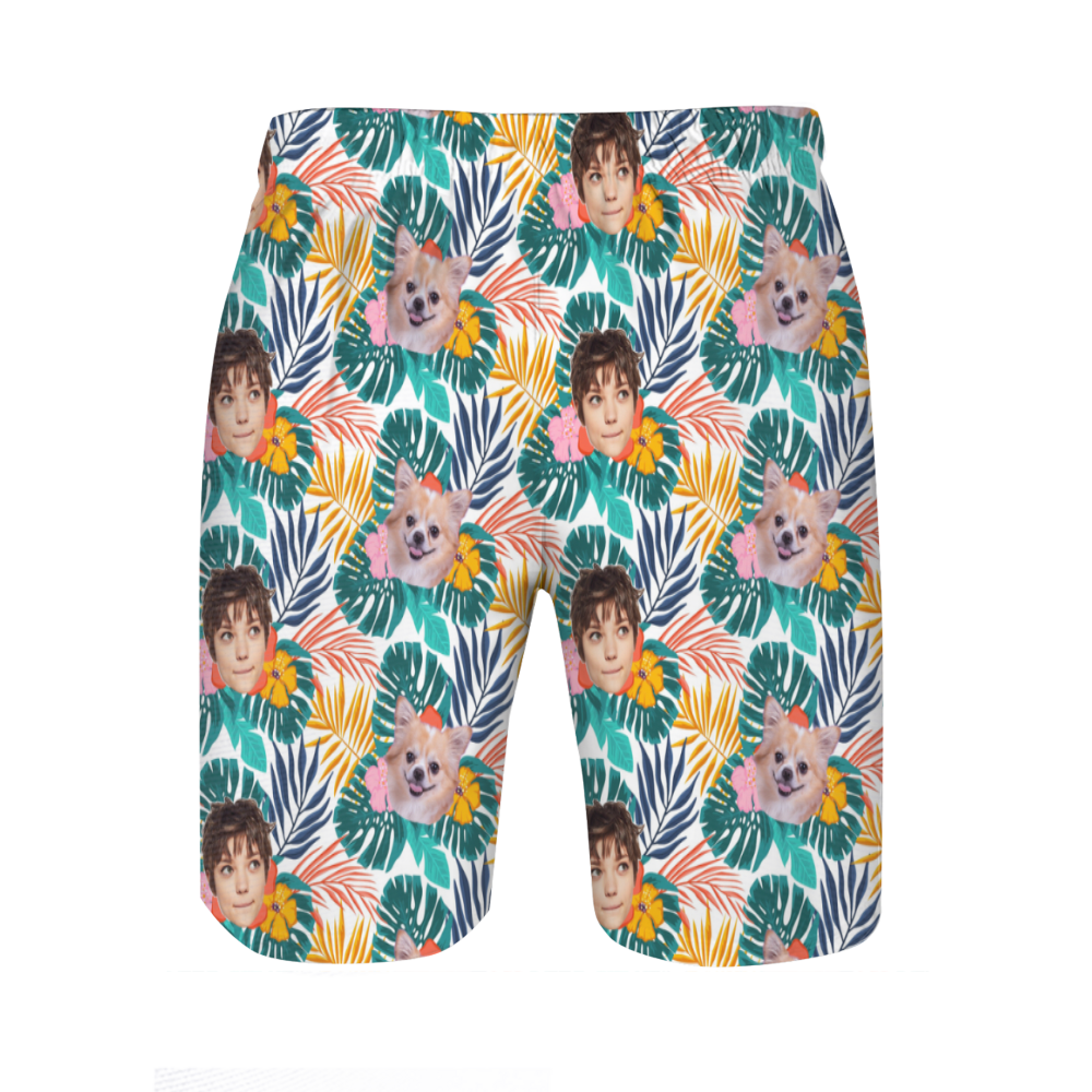 Gepersonaliseerde foto herenstrandshort met palmbladerenpatroon Grappig cadeau voor vriend