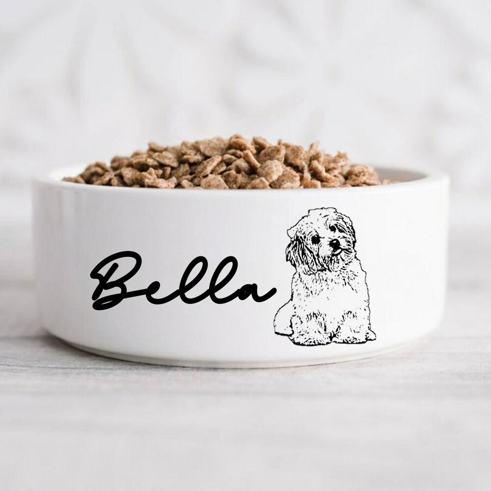 Personalized Pet Bowl With Custom Name And Sketch Photo Warm Gift For Cute Pets