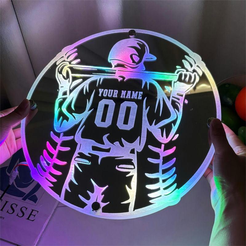 カスタマイズ 名入れ LED ミラー 発光 ライト ユニフォーム 野球 背番号 壁掛け 12色変化 屋内装飾 リモコン付き 壁フック付き