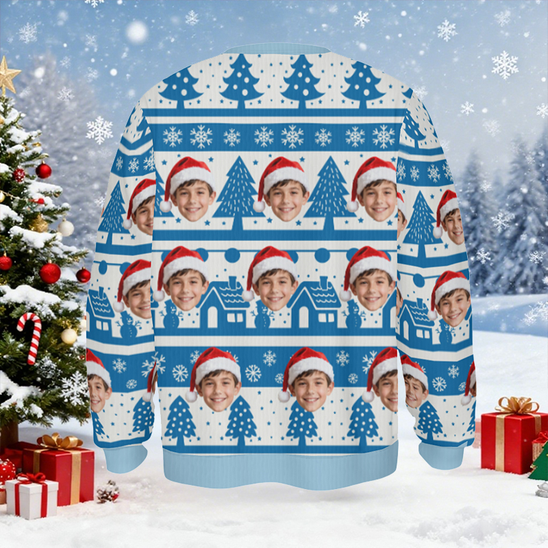 Gepersonaliseerde lelijke trui unisex met eigen gezichtsfoto blauw sneeuwlandschap ontwerp perfect kerstcadeau voor familie