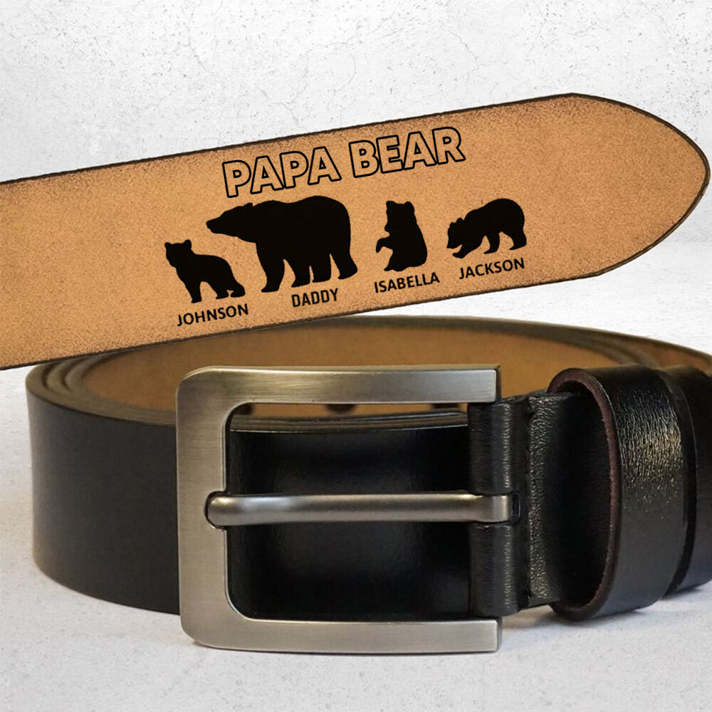 "Papa Bear Family" Personalized Engraved Leather Belt Unique Gift for Dad or Grandpa