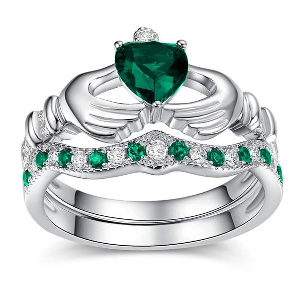 Jeulia Heart Cut Sterling Silver Claddagh Ring Set