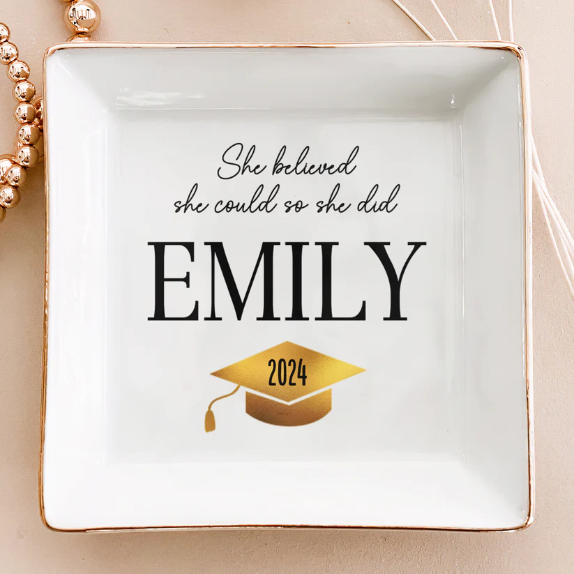 Personalized Name Jewelry Ring Dish with Graduation Cap Pattern Perfect Gift for Friend