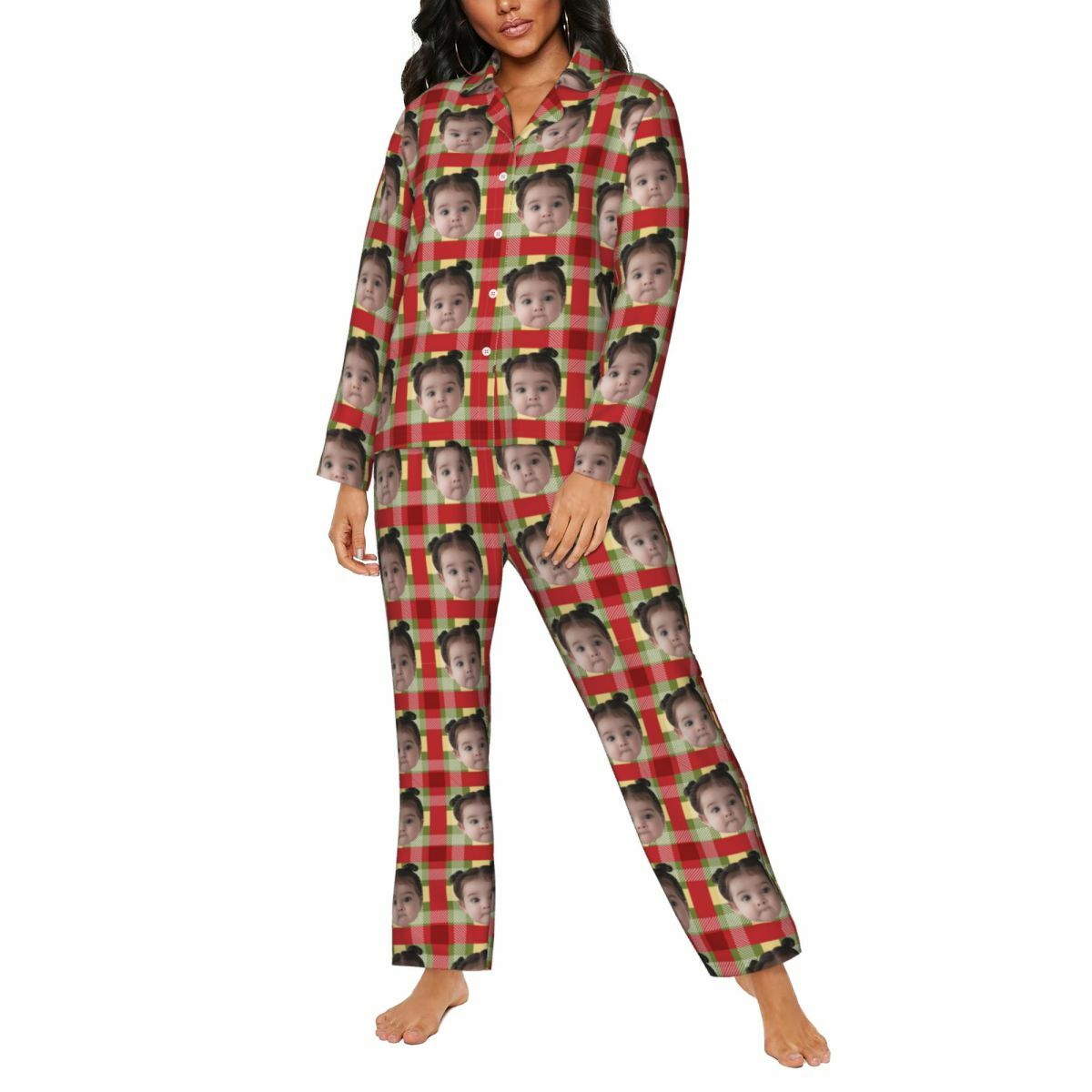 Personalized Pajamas Custom Photo Red and Yellow Checkered Pattern Design Perfect Gift for Family