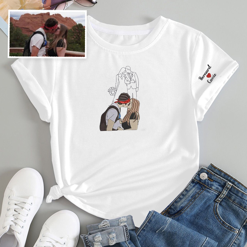 Personalized T-shirt Embroidered Custom Couple Photos Color and Outline Design Perfect Gift for Lovers