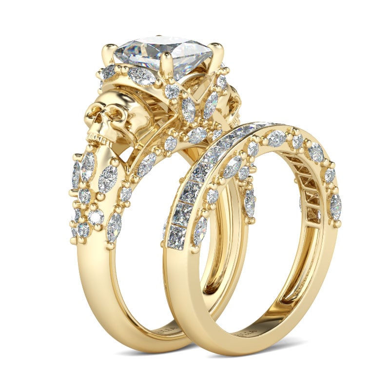 Princess Cut Skull Rings Yellow Gold Tone