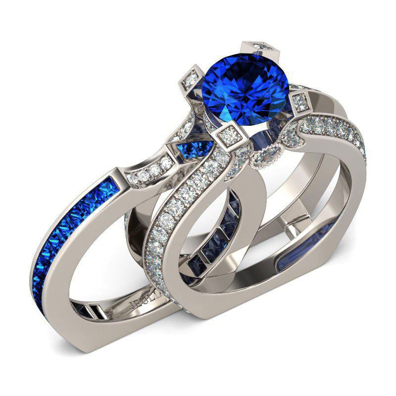 Fashion Sapphire Blue Interchangeable Round Cut Wedding Ring Set Sterling Silver Bridal Set
