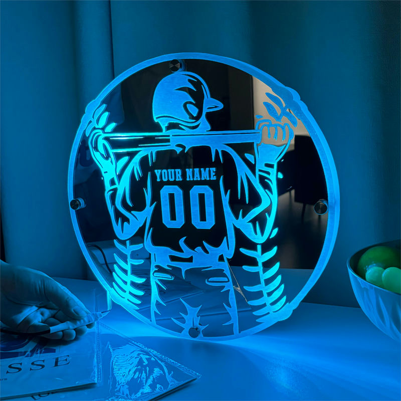 カスタマイズ 名入れ LED ミラー 発光 ライト ユニフォーム 野球 背番号 壁掛け 12色変化 屋内装飾 リモコン付き 壁フック付き
