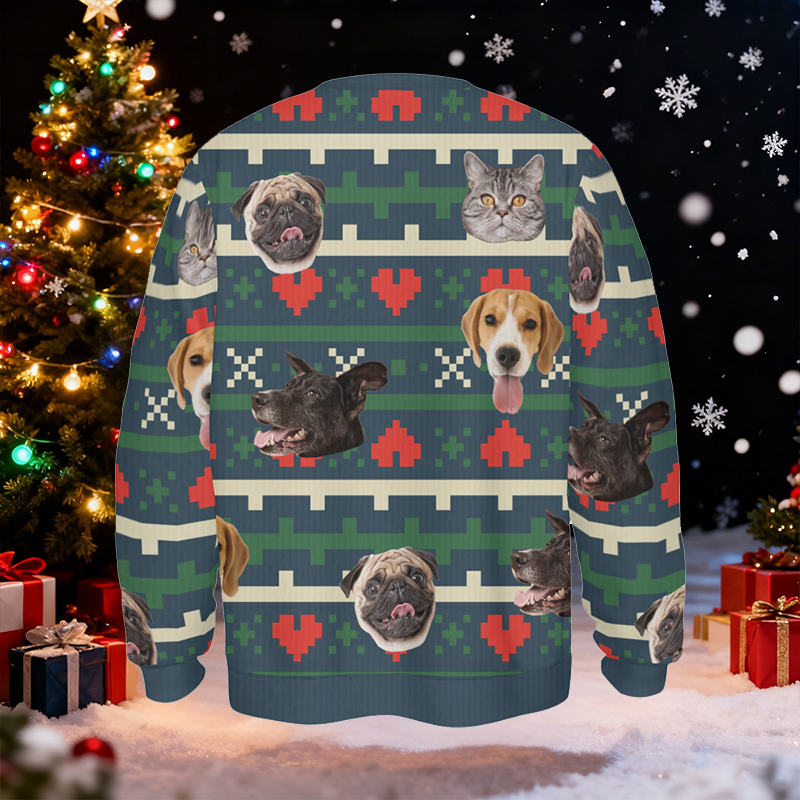 Pull moche personnalisé unisexe avec photo de la tête de votre animal de compagnie style festival cadeau de Noël pour les amoureux des animaux