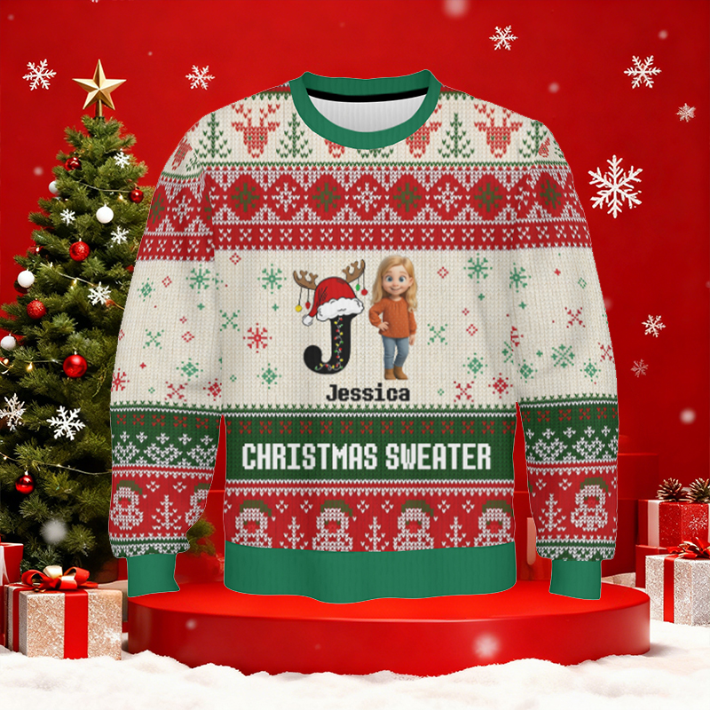 Personalized Ugly Sweater Unisex Custom Initial and Cartoon Photo Design Creative Christmas Gift for Family