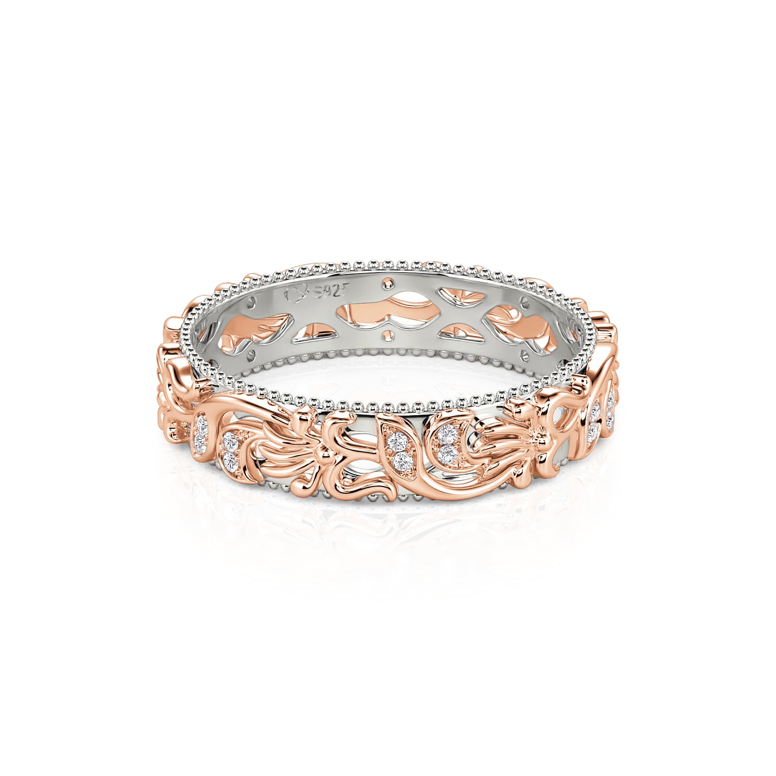 Unique Floral Leaf Women's Wedding Bands Rose Gold Sterling Silver
