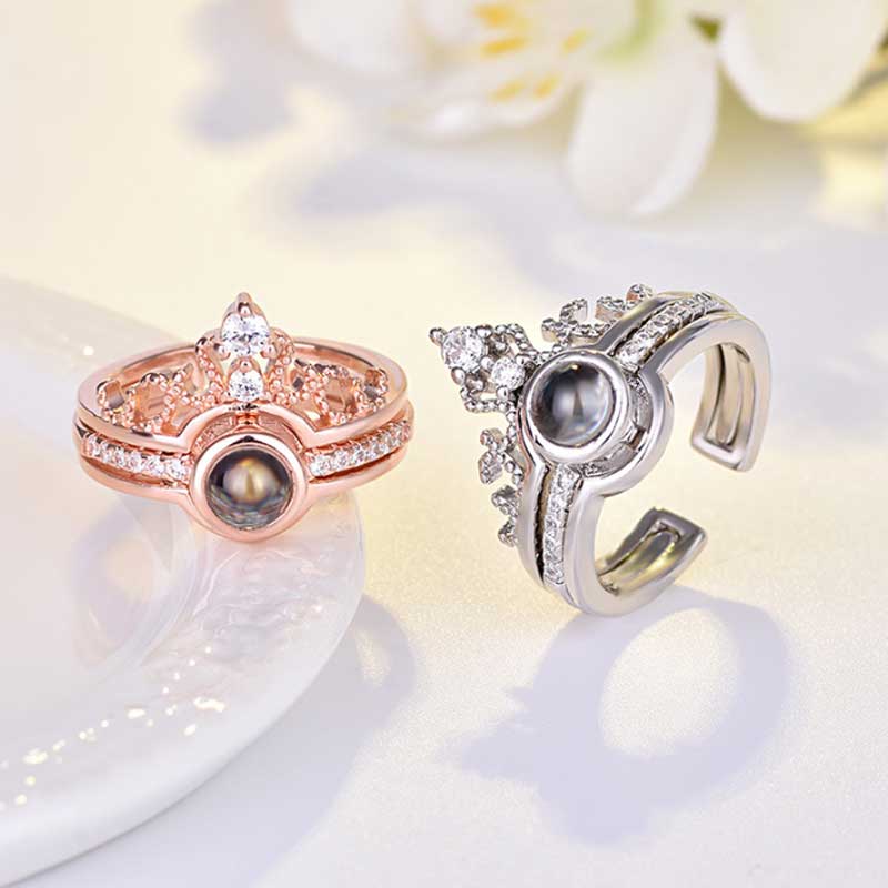 Personlig fotoprojektion två i ett hjärta ring med krona