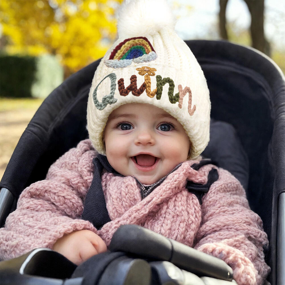 Personalized Baby Beanie with Rainbow Cozy Embroidered Winter Hat Handmade Baby Gift