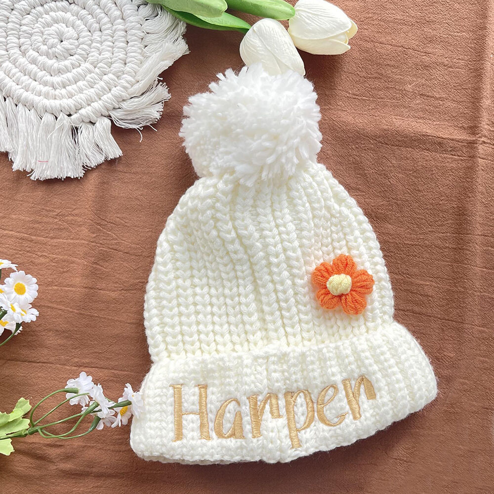 Personalized Baby Beanie with Embroidered Name and Woolen Flowers Gift for Newborn