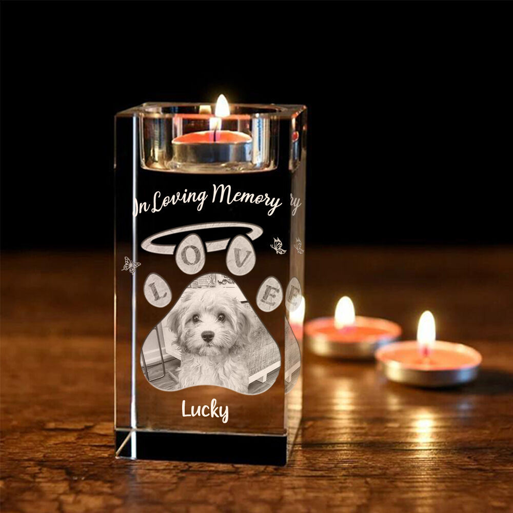 Personalized Crystal Candle Holder with Paw Print Photo Frame Effect Home Deco for Pet Lovers