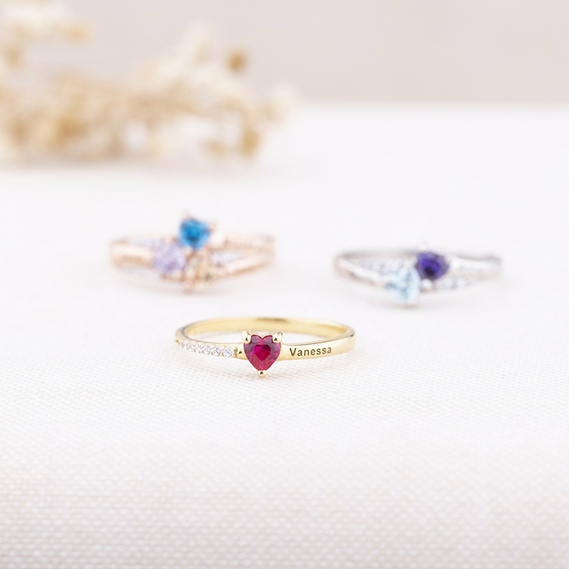 Personalized Name Ring with Custom Birthstone Heart Shaped Design Beautiful Gift for Birthday