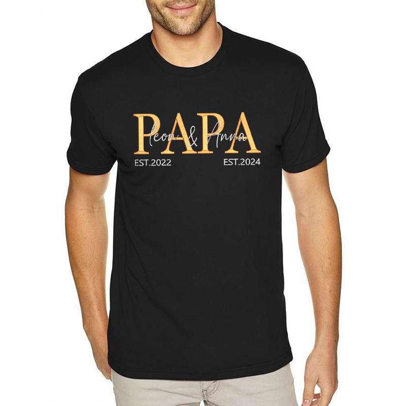 Personalized T-shirt Embroidered Papa with Custom Names and Date Unique Gift for Father's Day