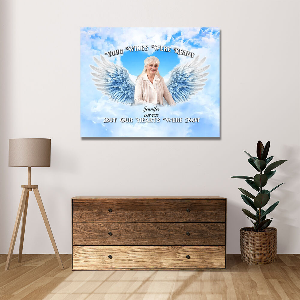 Personalized Picture Canvas Wall Art with Blue Wings Pattern Simple Present for Family