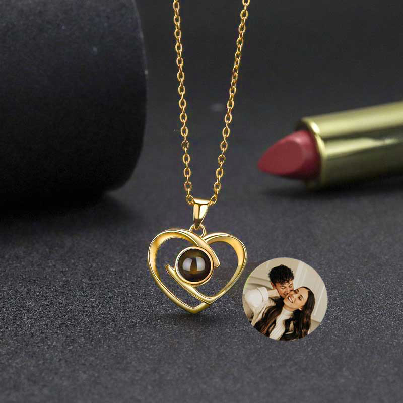 Sterling Silver Personalized Photo Projection Staggered Hearts Necklace Gift