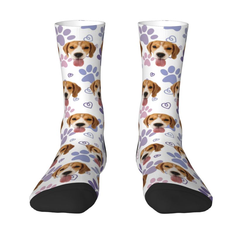 Personalized Face Socks with Cute Purple Dog Paw Prints to Add Pet Photos
