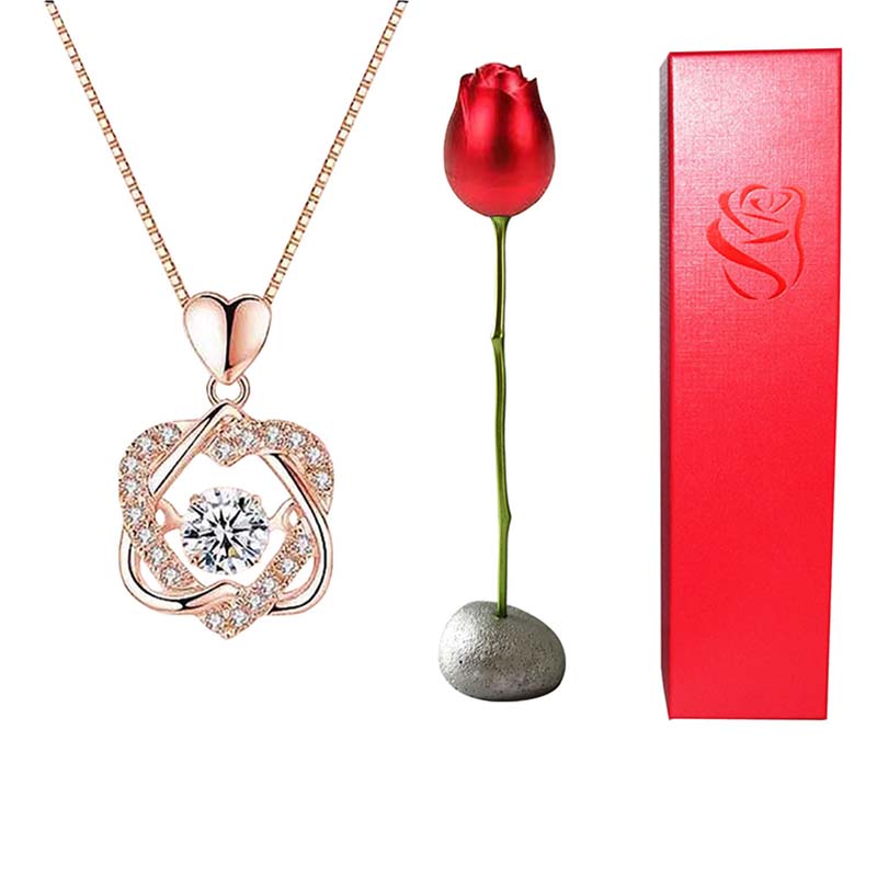 Heart Shape Crystal Diamond Pendant Necklace With Rose Flower Jewelry Box