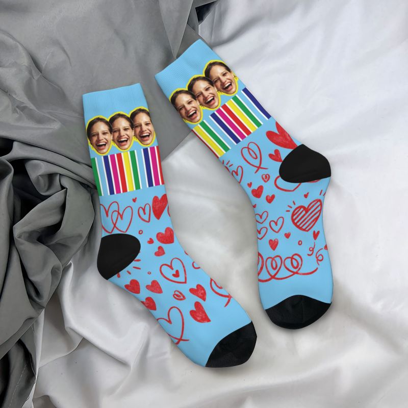 Customized Face Socks with Love Hearts and Rainbow Stripes for Couples