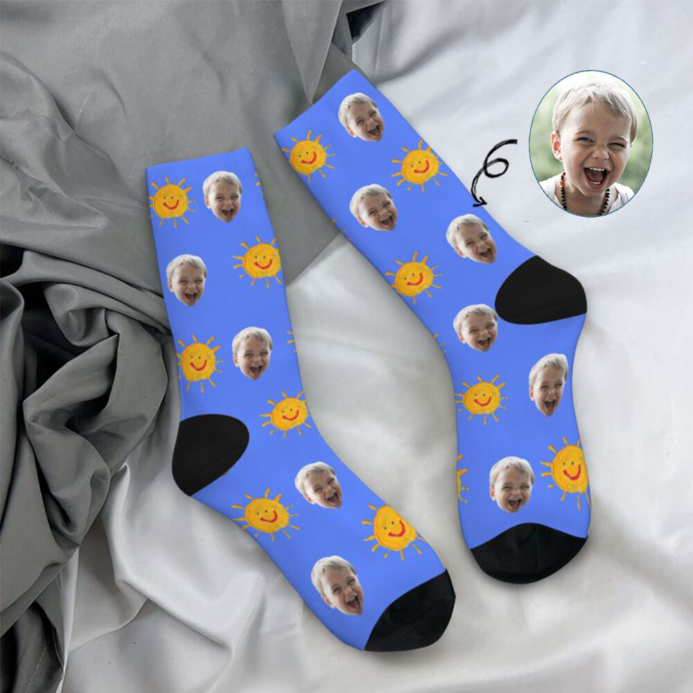 Personalized Face Socks with Hand-Painted Sun Pattern Add Baby Photo for New Parents Gift