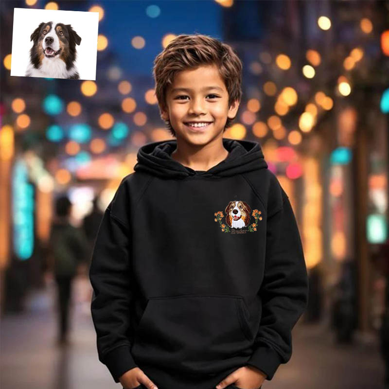 Personalized Kids Embroidered Hoodie Color Photo of Pet's Head with Flower Decor Gift for Children