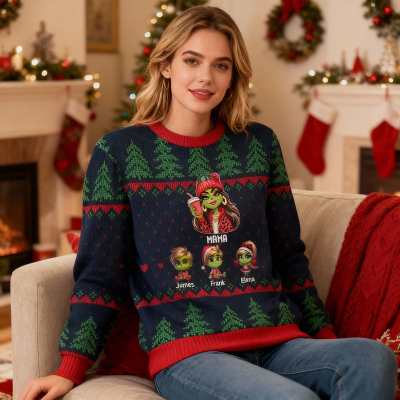Personalisierter hässliche Weihnachtspullover Unisex Individuelles Mama Grinchund Kinder-Design Attraktives Weihnachtsgeschenk für die Mutter