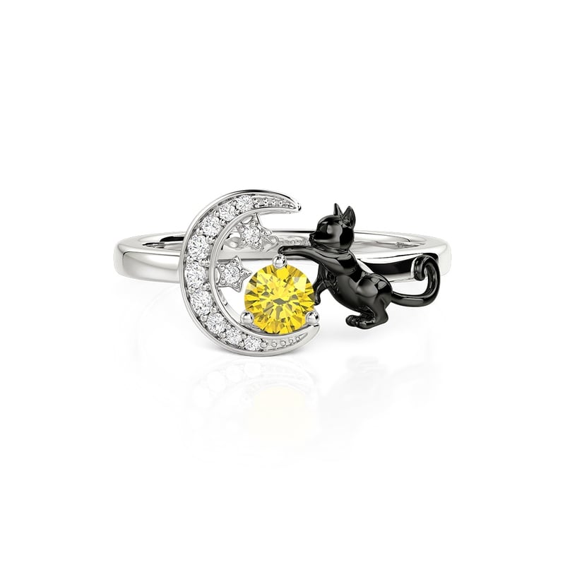 Jeulia Custom Black Cat Moon and Star Ring With Birthstone