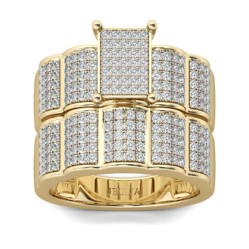 Mens Cluster Round Cut Sterling Silver Wedding Set Yellow Gold