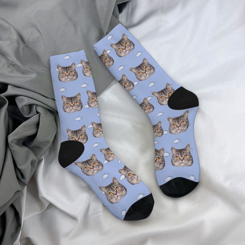 "Cat Eats Little Fish" Customized Face Socks Can Add Photos