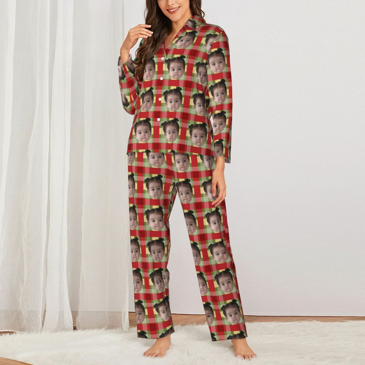 Personalized Pajamas Custom Photo Red and Yellow Checkered Pattern Design Perfect Gift for Family