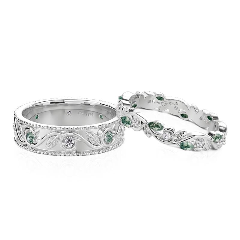Jeulia Curled Leaf Twist Moss Agate Couple's Ring Set