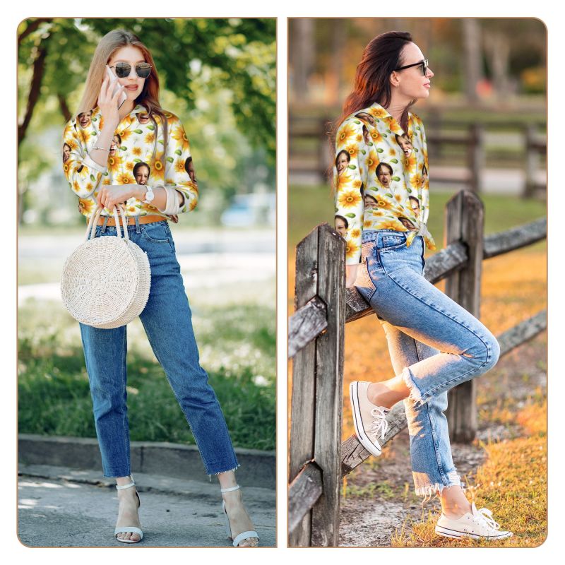 Personalized Pajamas Custom Photo Bright Sunflower Leaves Pattern Design Attractive Gift for Her