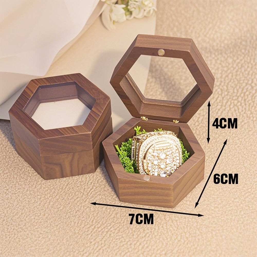 Personalized Walnut Ring Box Hexagonal Acrylic Window Vintage Jewelry Box for Marriage Proposal